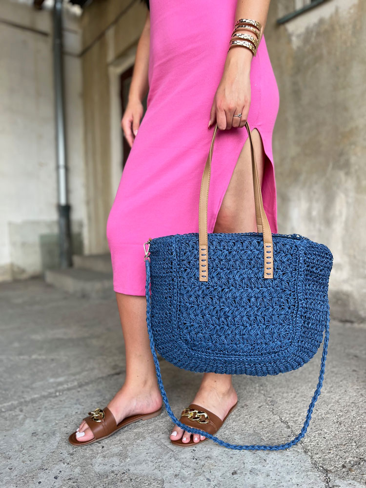 Slamená shopper kabelka na rameno modrá