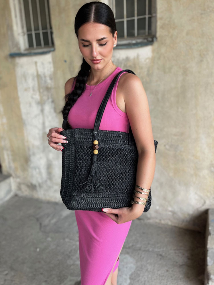 Slamená shopper kabelka na rameno čierna