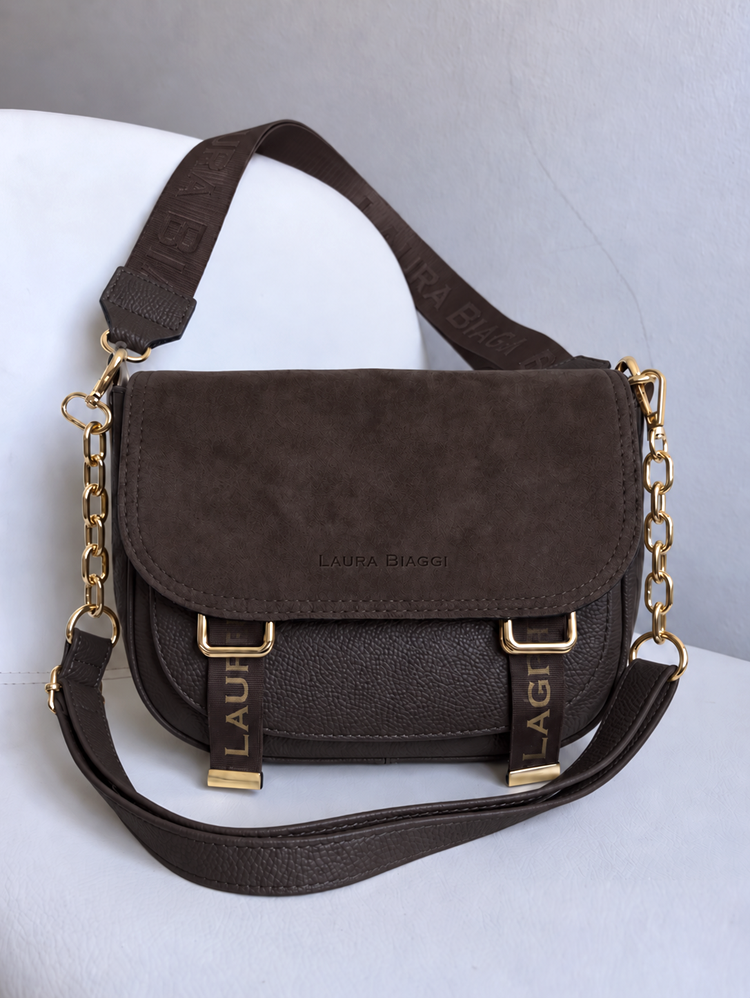 Čokoládová crossbody kabelka s dvoma ramienkami Laura Biaggi