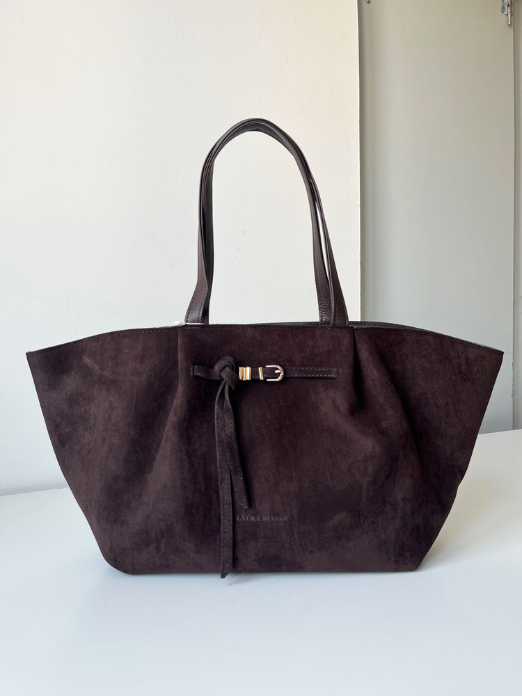Veľká semišová shopper kabelka Laura Biaggi - čokoládová A4