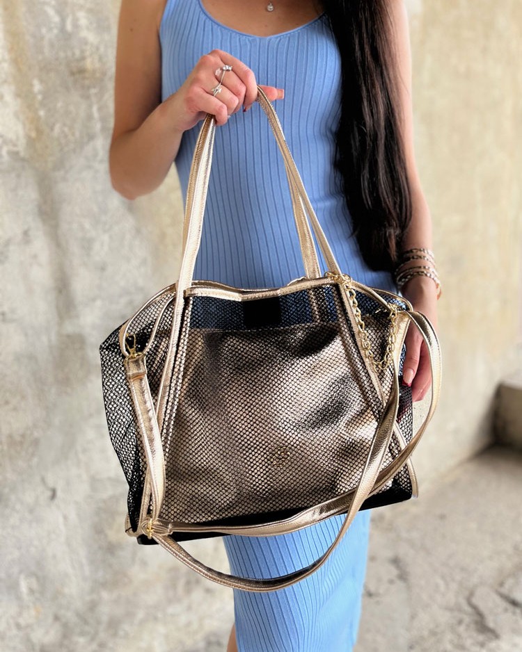 Zlatá shopper kabelka na rameno 2v1 GROSSO sieťovaná