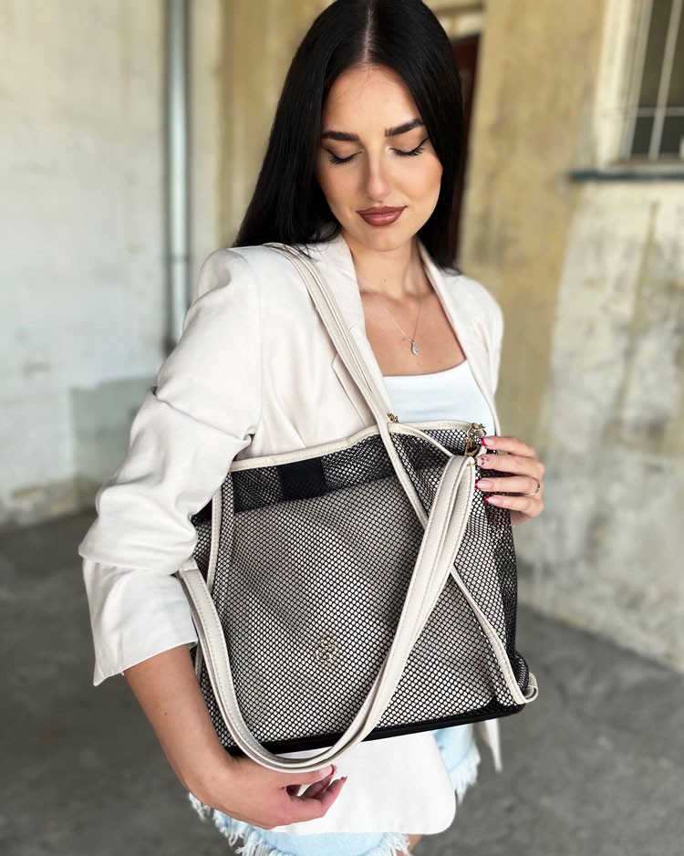 Béžová shopper kabelka na rameno 2v1 GROSSO sieťovaná