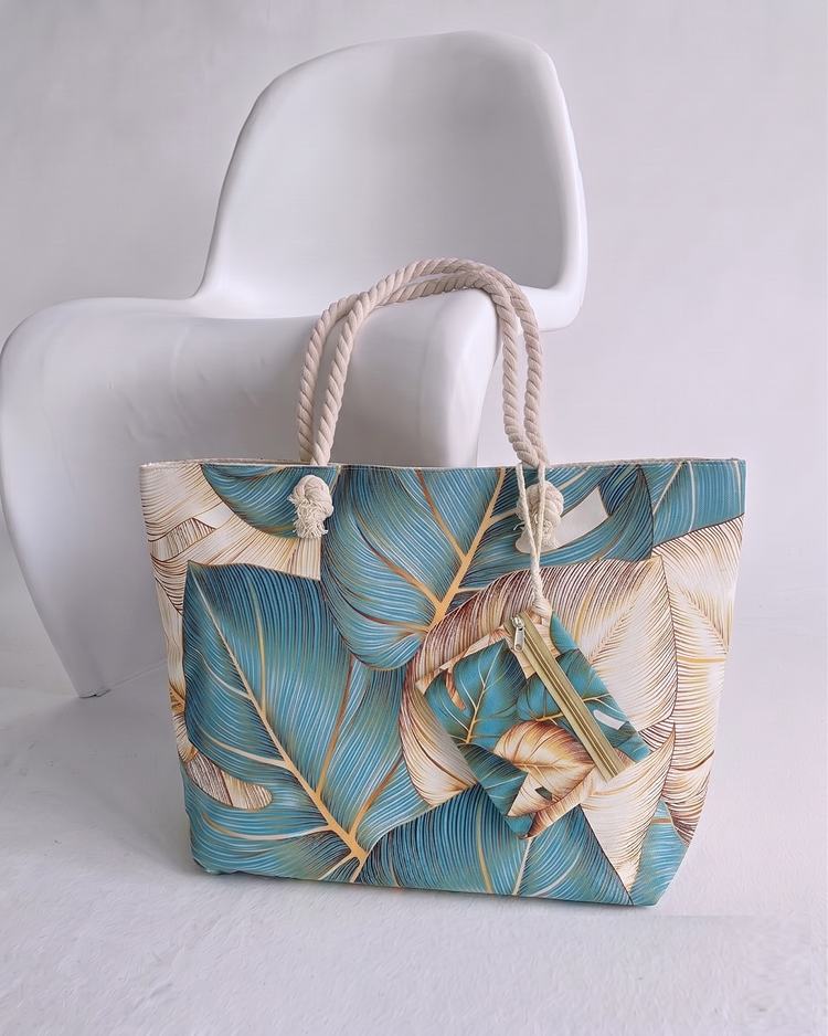 Plážová taška s tropickou potlačou listov – veľká letná kabelka