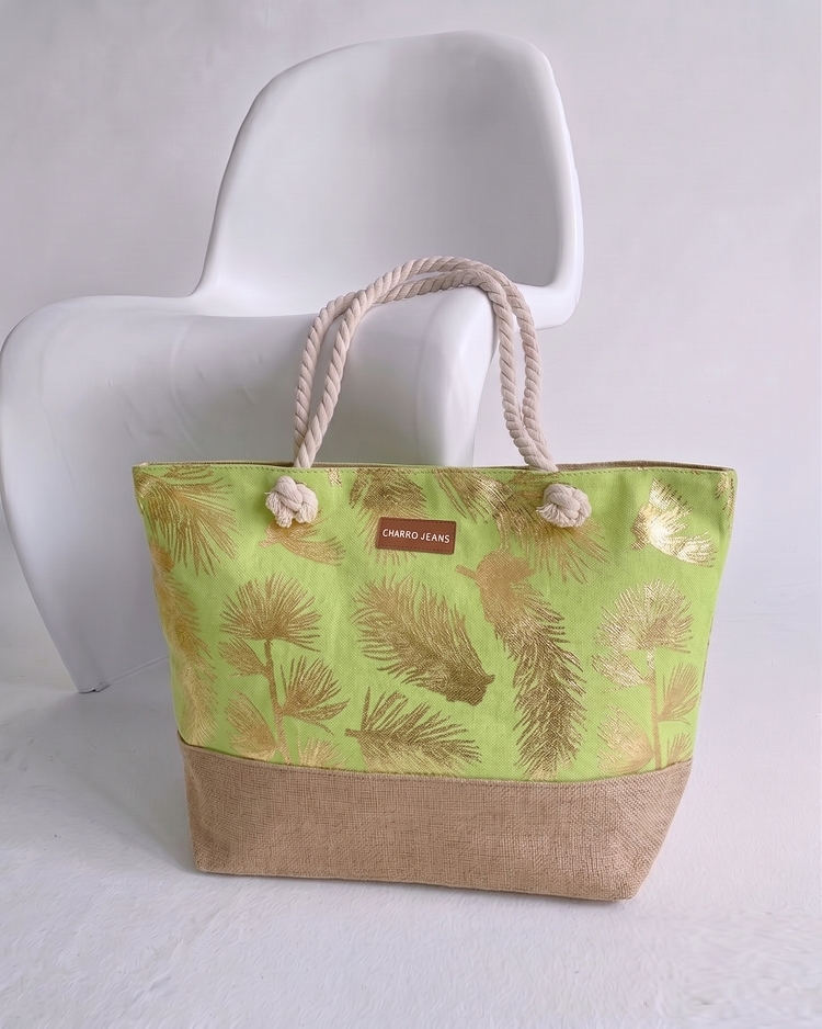 Plážová taška s potlačou listov zelená plátená