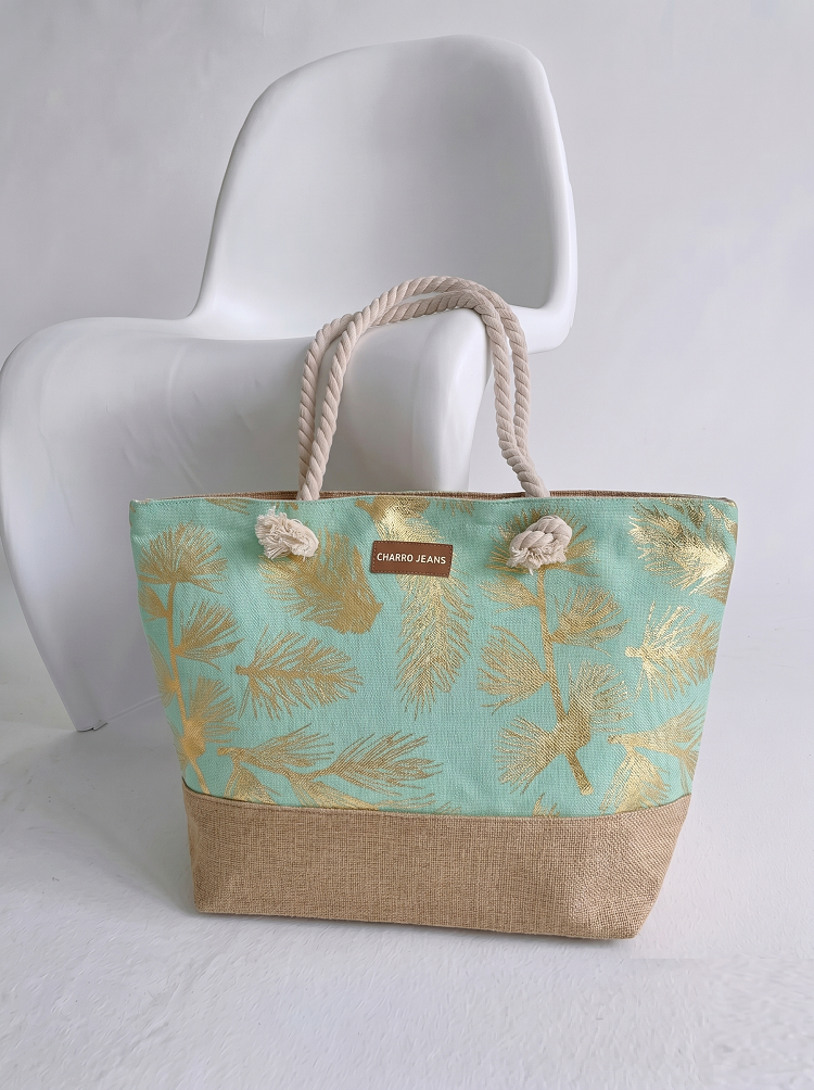 Plážová taška s potlačou listov modrozelená plátená