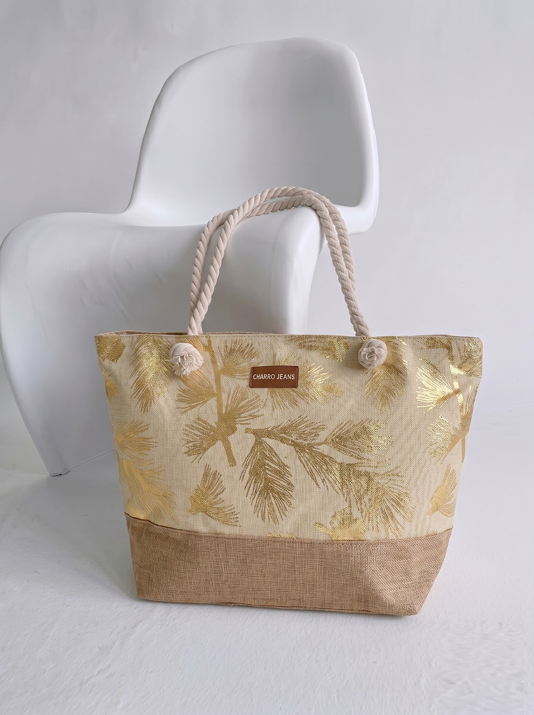 Plážová taška s potlačou listov zlatá plátená