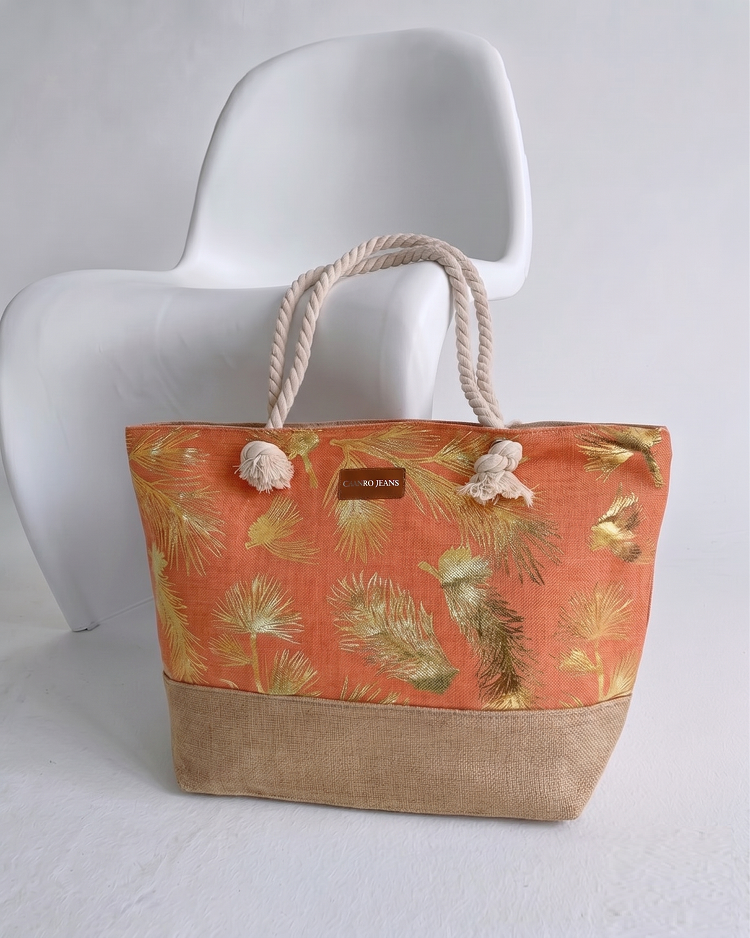 Plážová taška s potlačou listov oranžová plátená