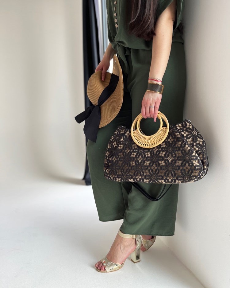 Čipkovaná kabelka do ruky a košík na leto čierny