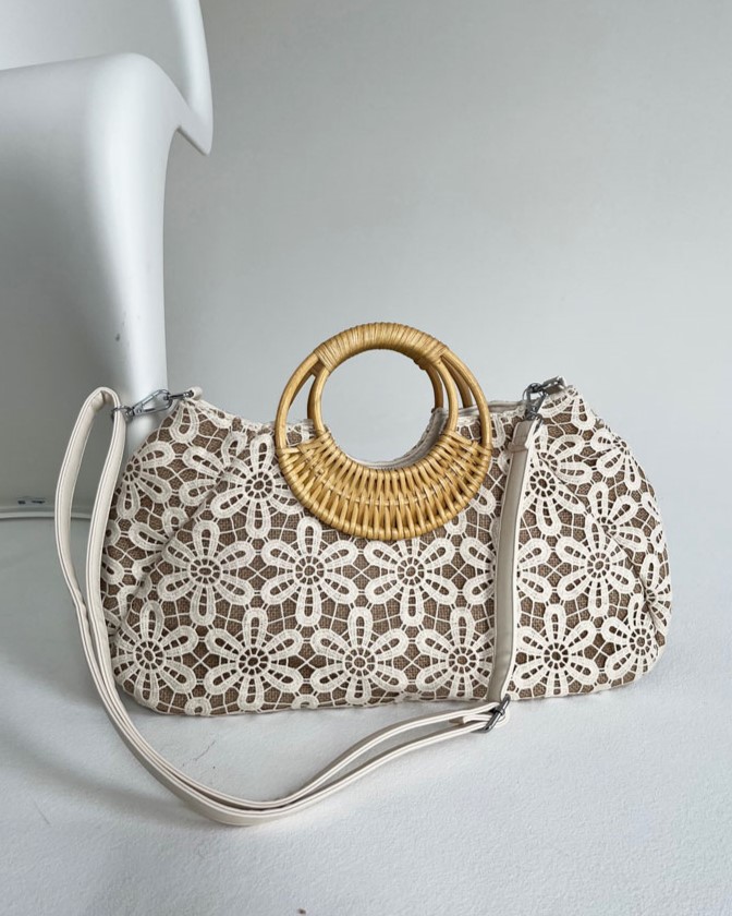 Čipkovaná kabelka do ruky a košík na leto béžový