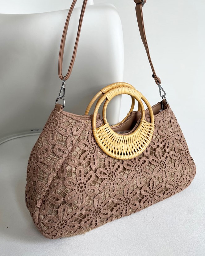 Čipkovaná kabelka do ruky a košík na leto khaki