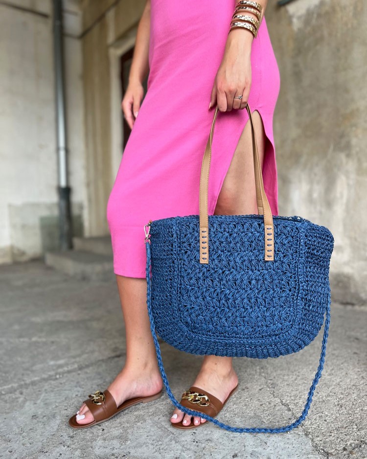 Slamená shopper kabelka na rameno modrá