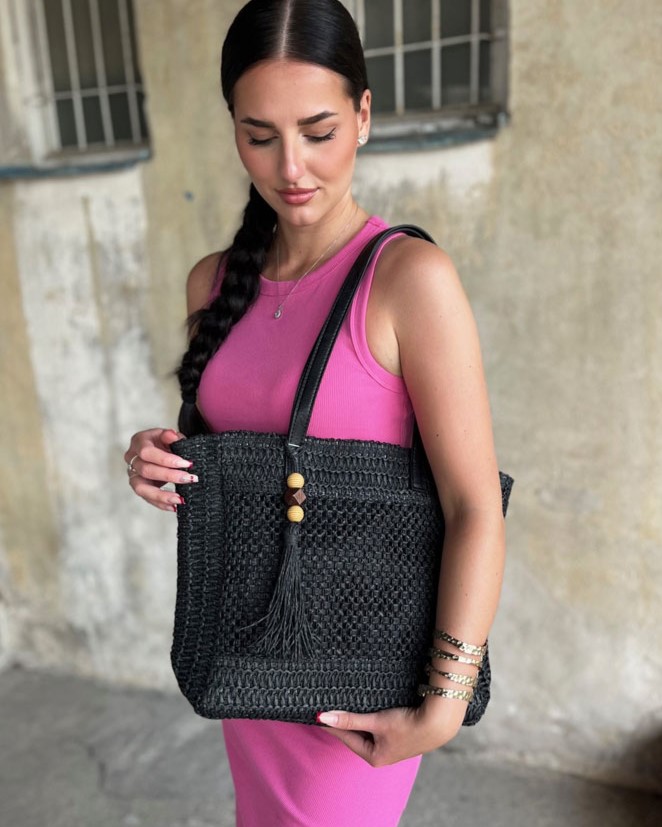 Slamená shopper kabelka na rameno čierna