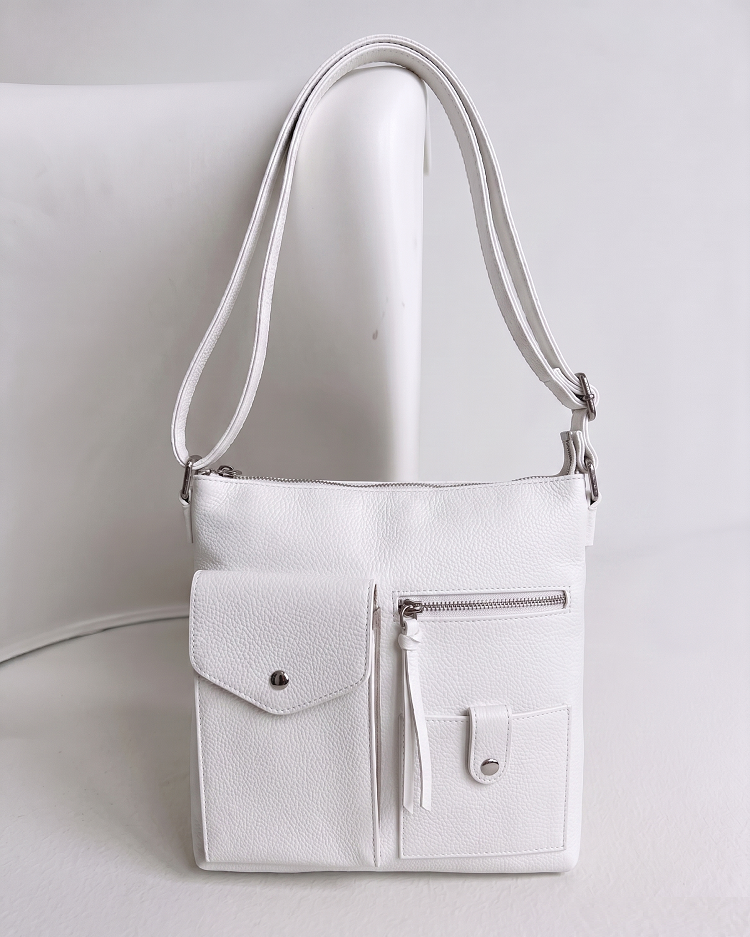 Praktická biela crossbody kabelka s priehradkami a vreckami