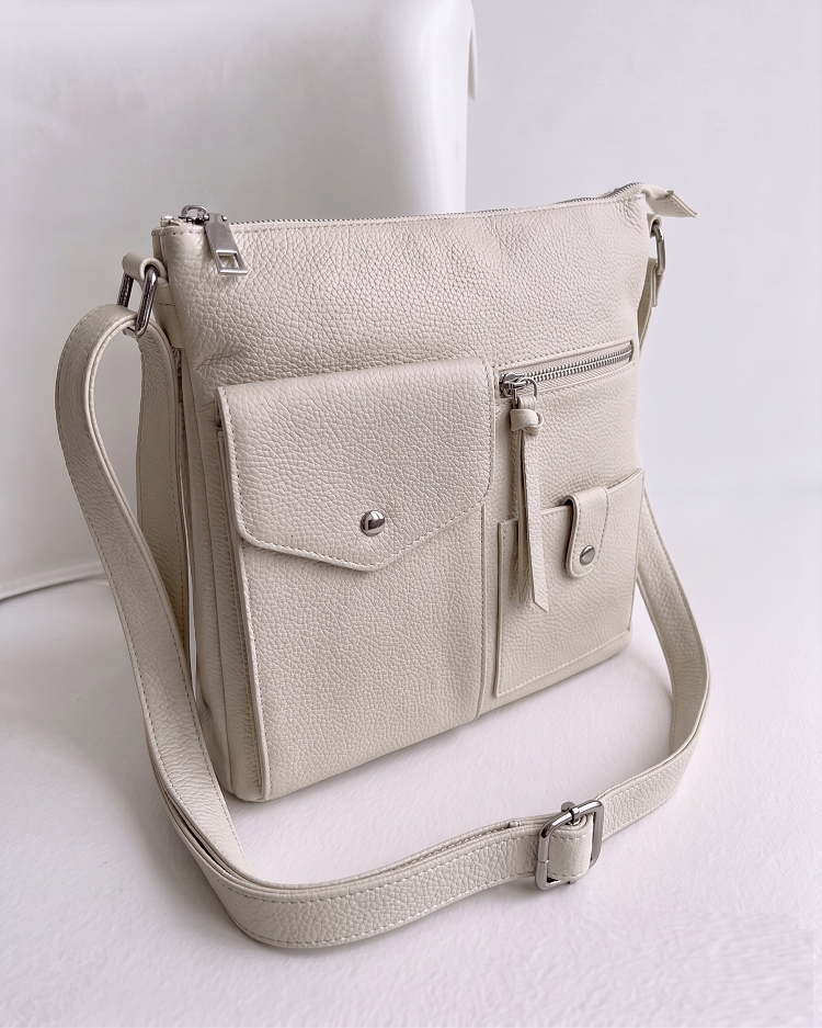 Praktická béžová crossbody kabelka s priehradkami a vreckami