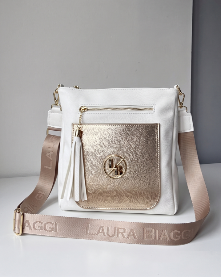 Bielo-zlatá crossbody Laura Biaggi – veľká kabelka do mesta