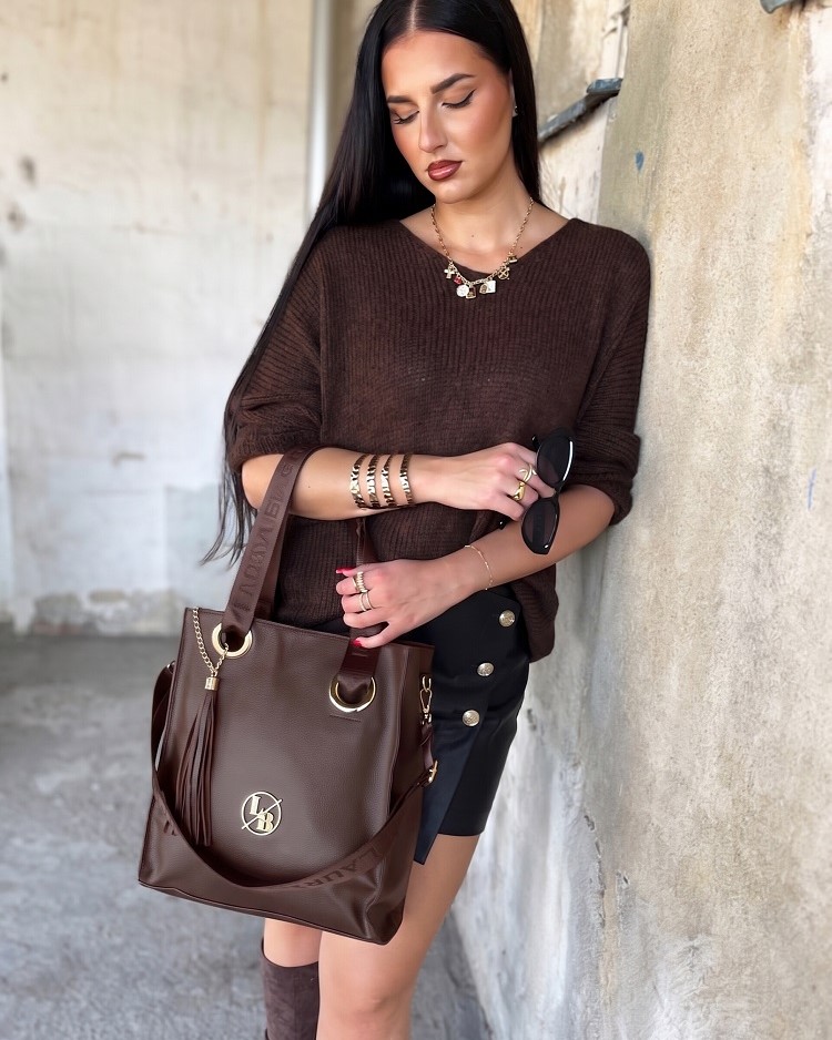 Laura Biaggi čierna shopper kabelka s deleným vnútrom hnedá