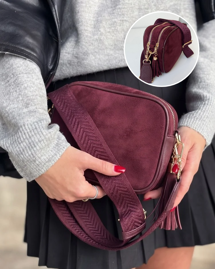 Bordová semišová crossbody kabelka s dvoma priehradkami