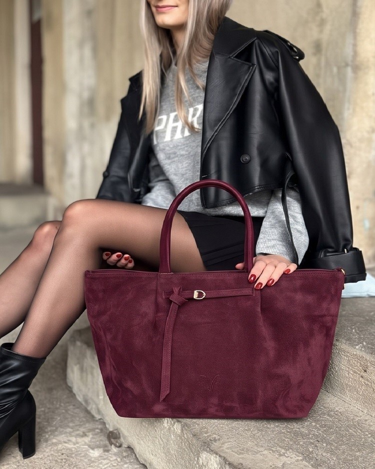 Veľká semišová shopper kabelka Laura Biaggi - bordová A4