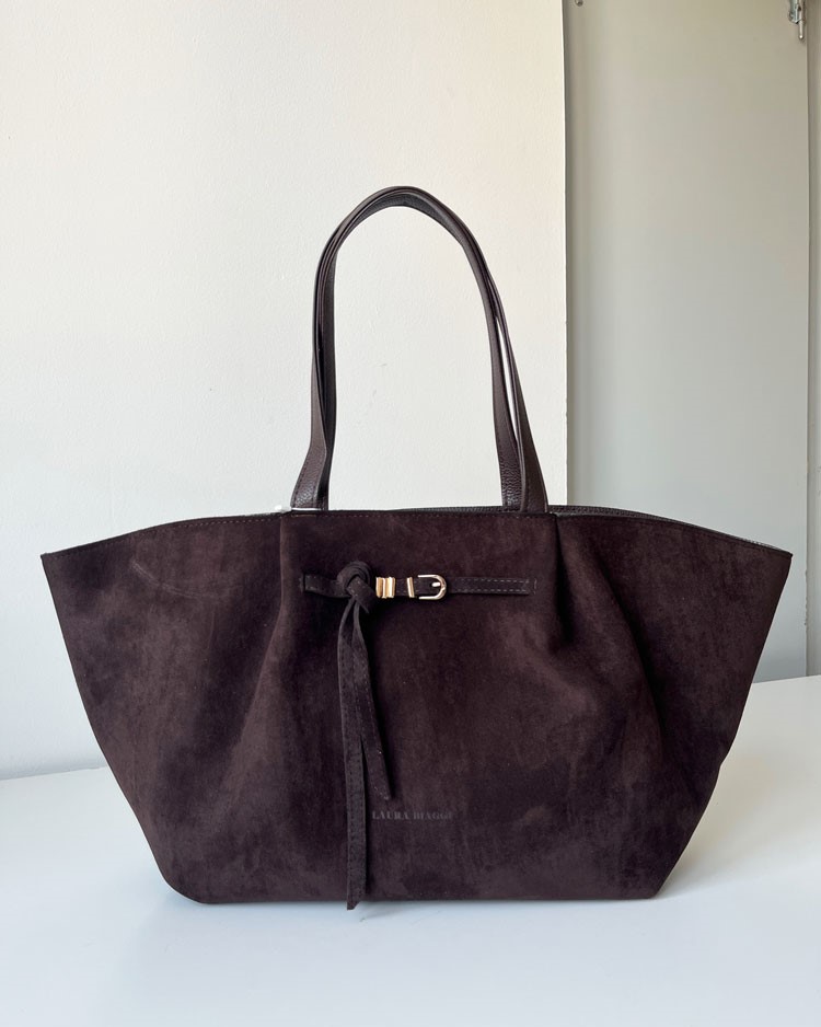 Veľká semišová shopper kabelka Laura Biaggi - čokoládová A4