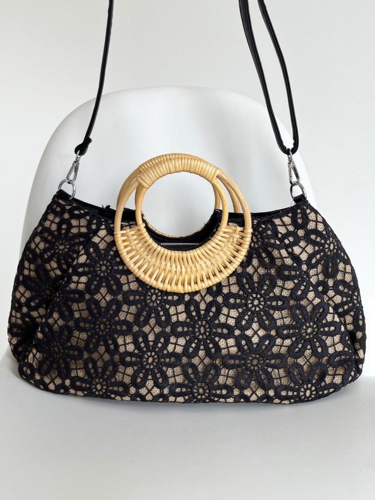 Čipkovaná kabelka do ruky a košík na leto čierny