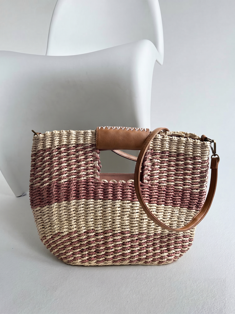 Dámska kabelka do ruky a slamený košík ružový