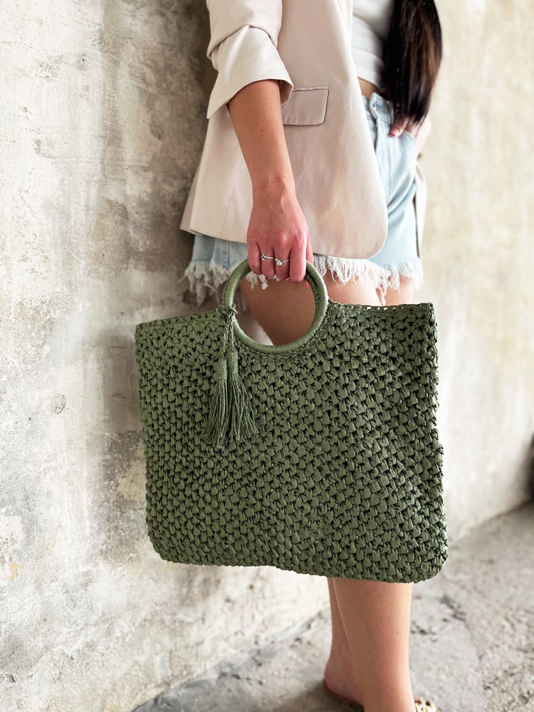 Zelená slamená shopper kabelka do ruky 