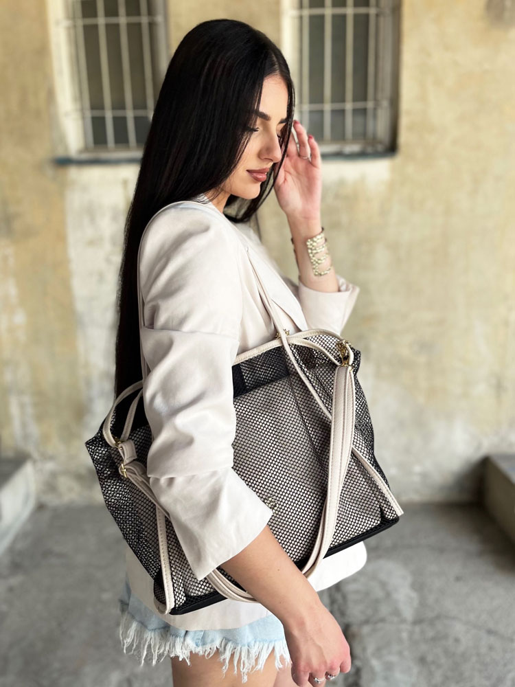 Béžová shopper kabelka na rameno 2v1 GROSSO sieťovaná