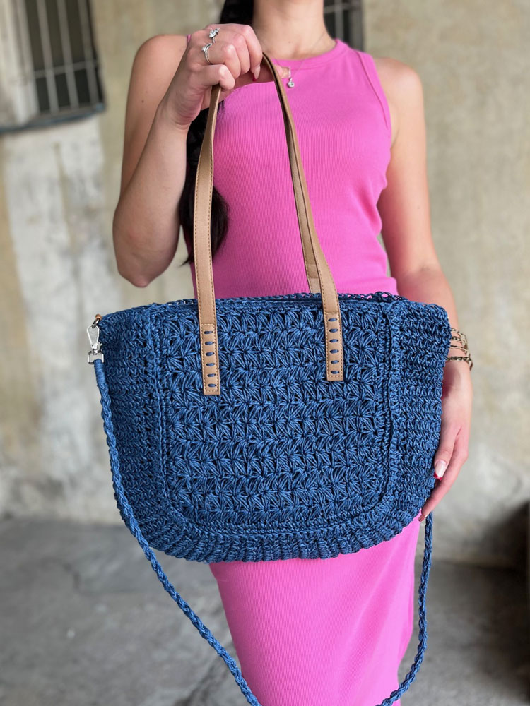 Slamená shopper kabelka na rameno modrá