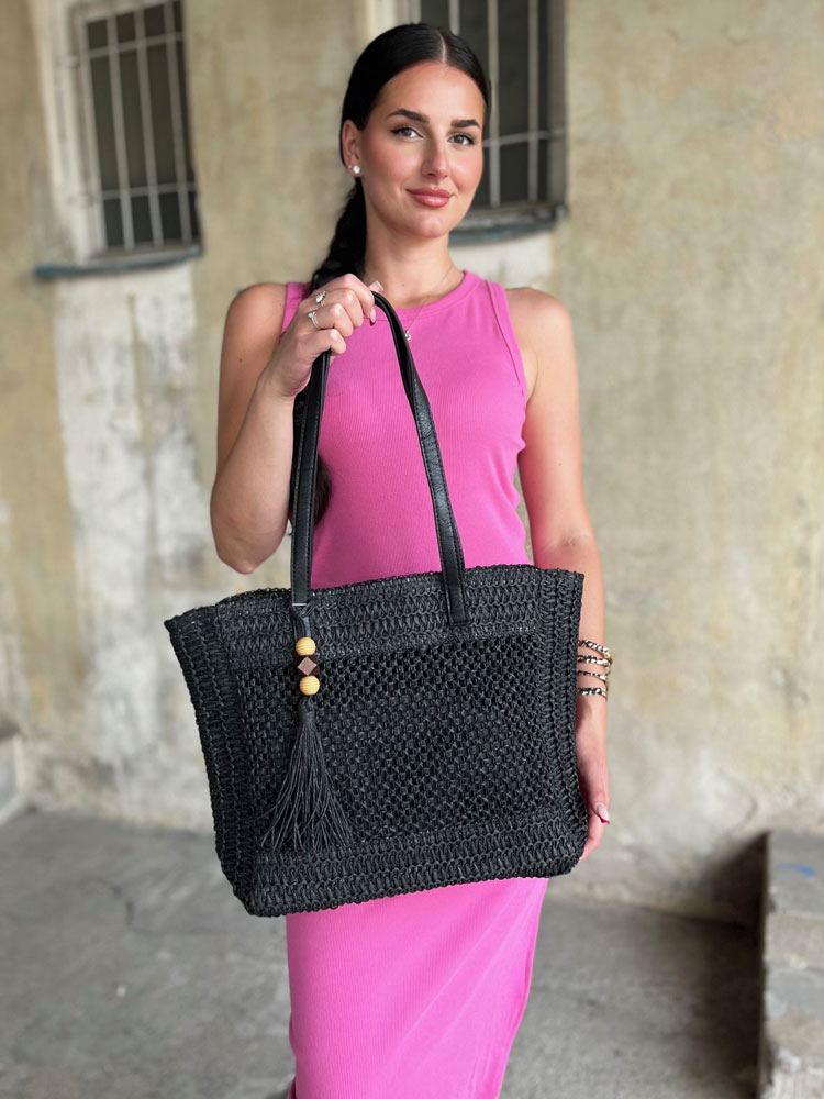 Slamená shopper kabelka na rameno čierna