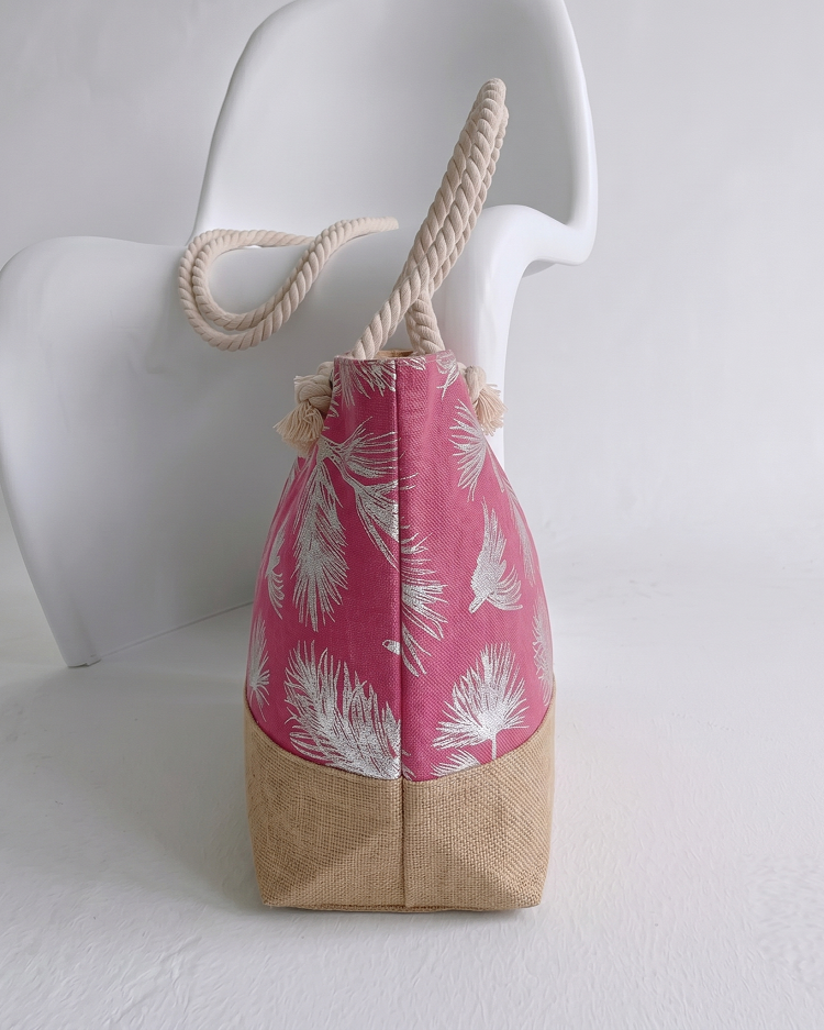 Plážová taška s potlačou listov ružová plátená
