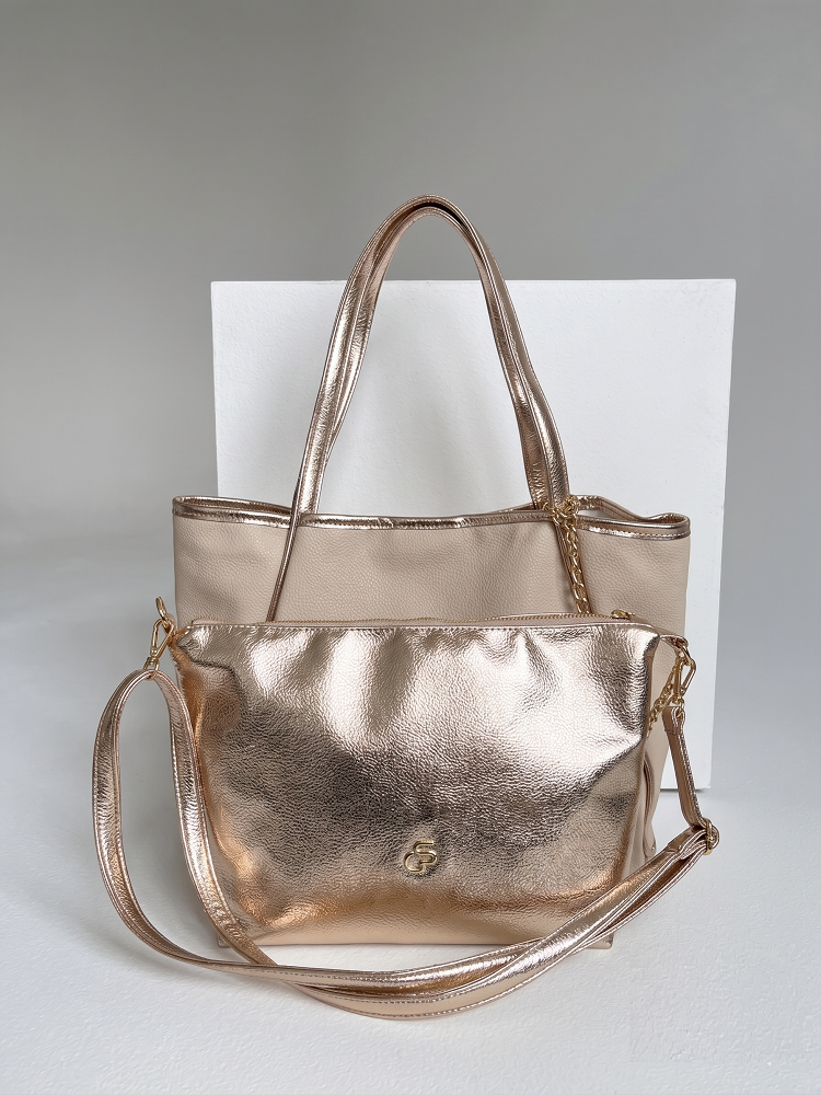 Béžová shopper kabelka na rameno 2v1 GROSSO s crossbody vo vnútri