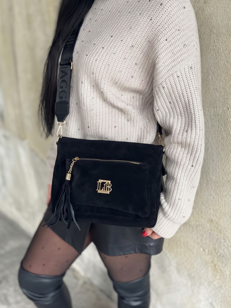 Čierna semišová crossbody kabelka Laura Biaggi