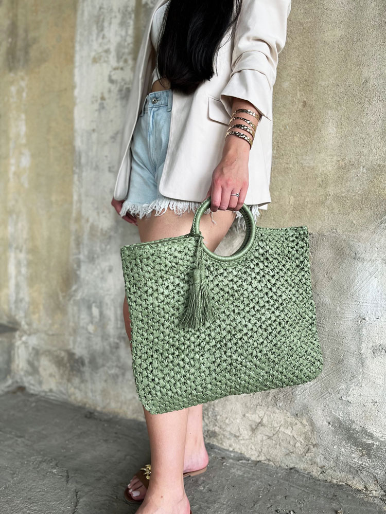 Zelená slamená shopper kabelka do ruky 
