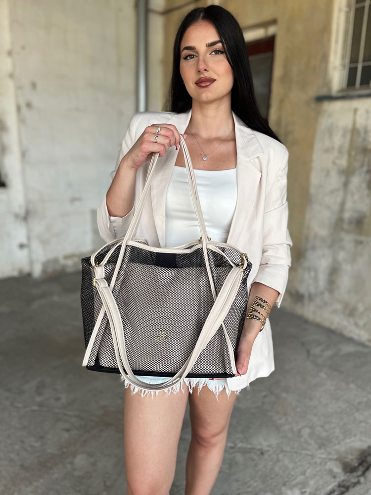 Béžová shopper kabelka na rameno 2v1 GROSSO sieťovaná