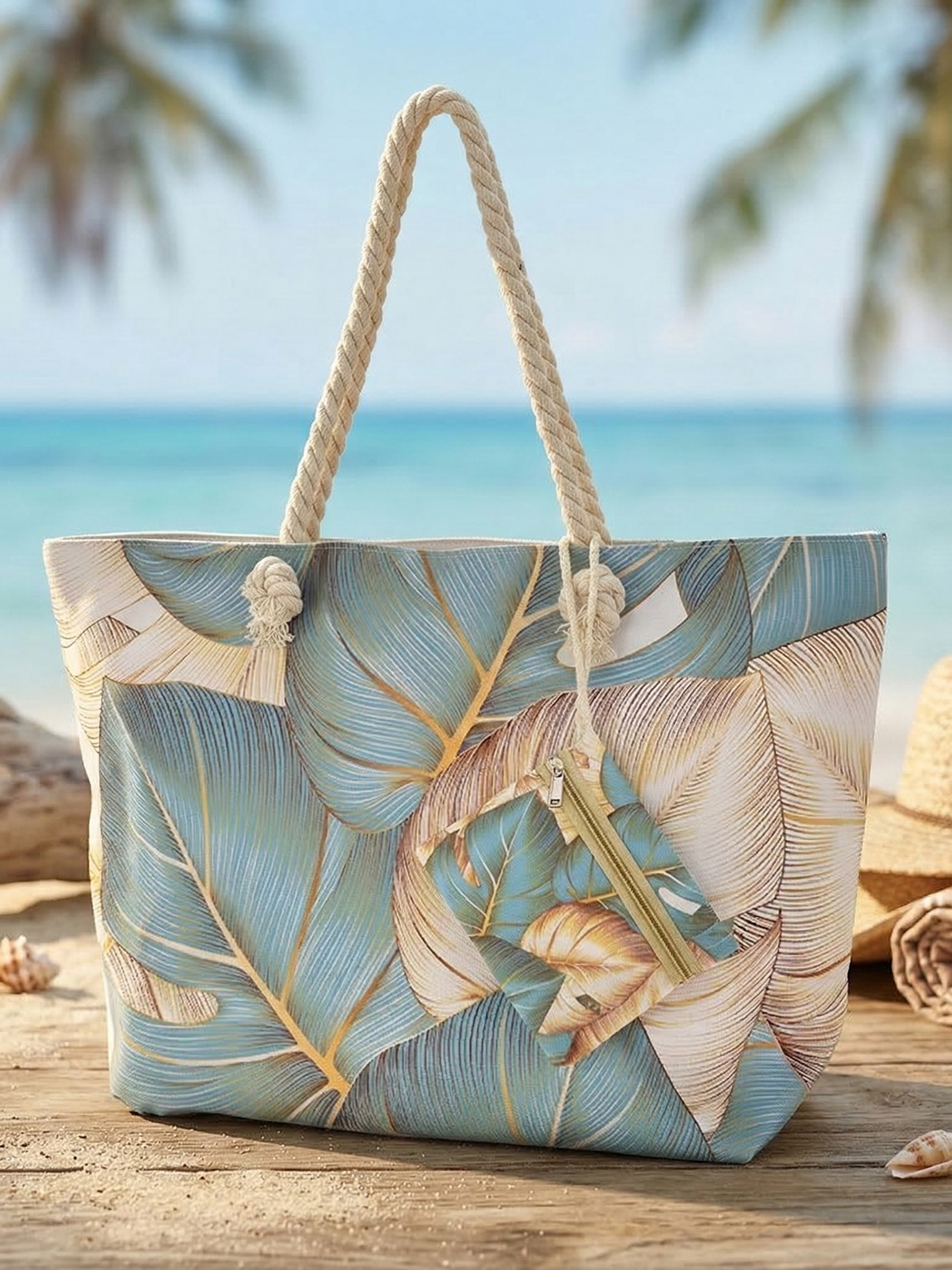 Plážová taška s tropickou potlačou listov – veľká letná kabelka