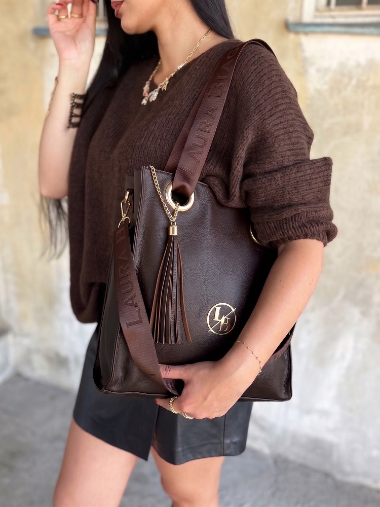 Laura Biaggi čierna shopper kabelka s deleným vnútrom hnedá