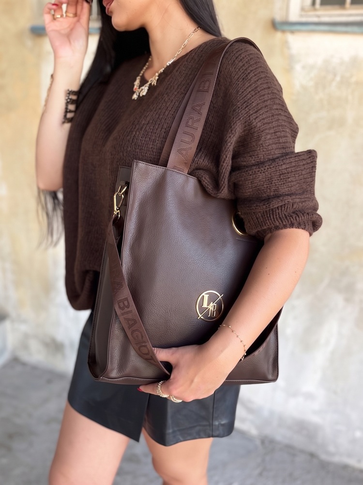 Laura Biaggi čokoládová shopper kabelka s deleným vnútrom
