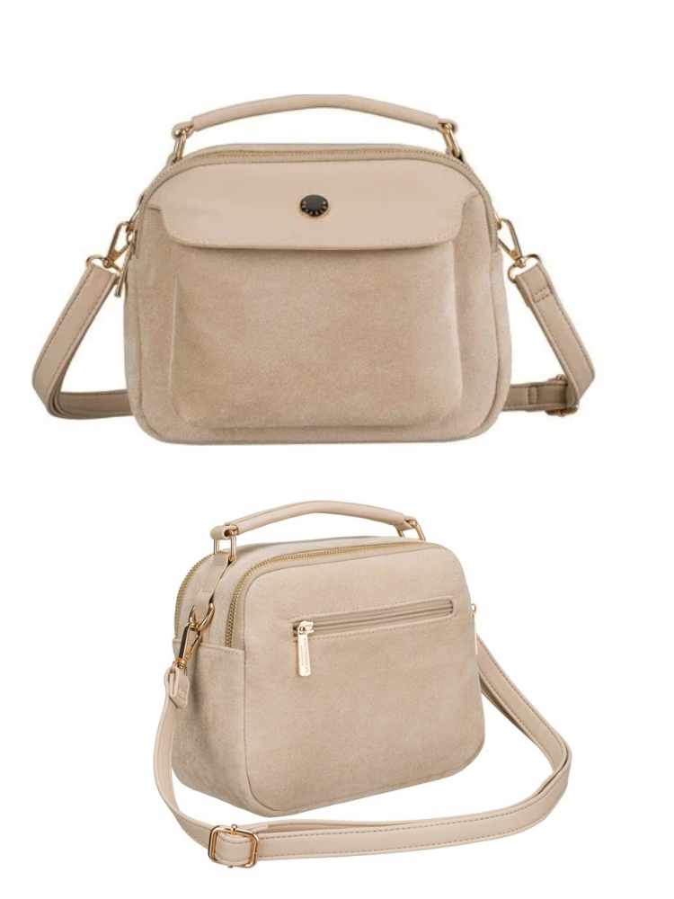 Béžová semišová crossbody kabelka s dvoma priehradkamik