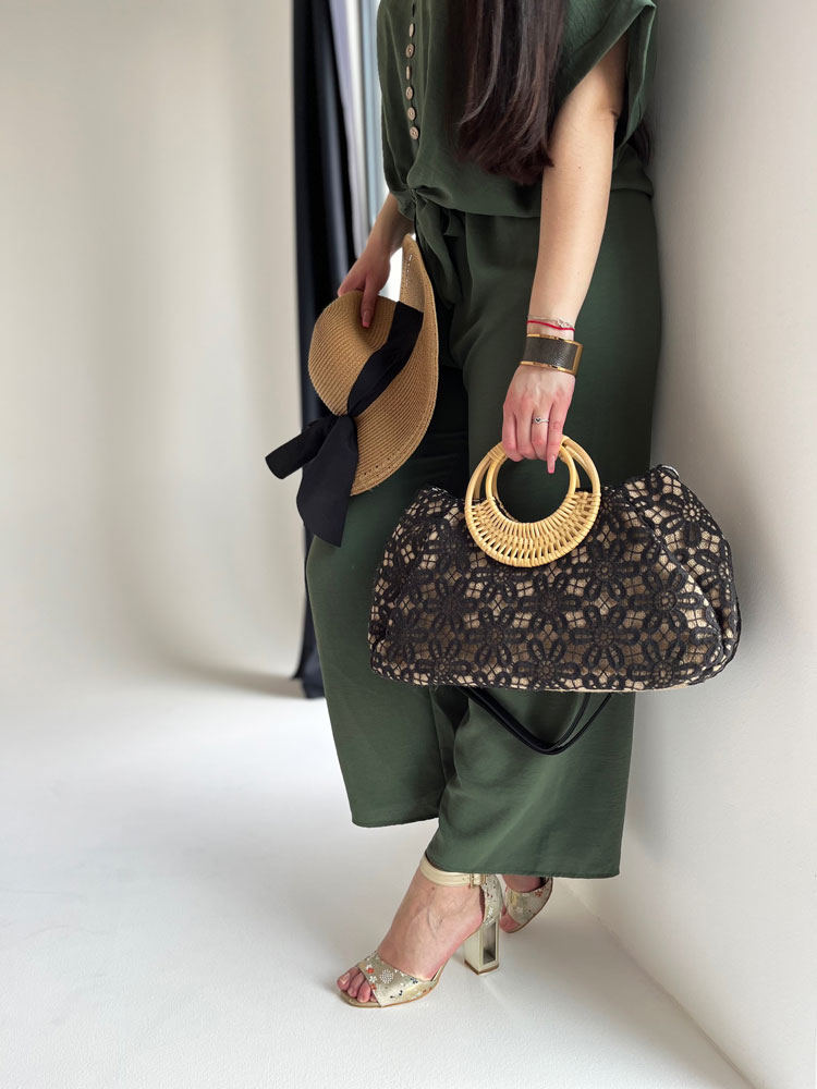 Čipkovaná kabelka do ruky a košík na leto čierny