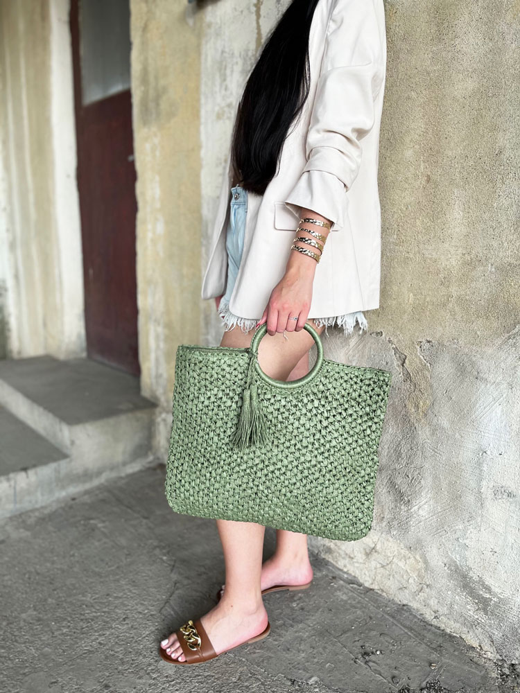 Zelená slamená shopper kabelka do ruky 