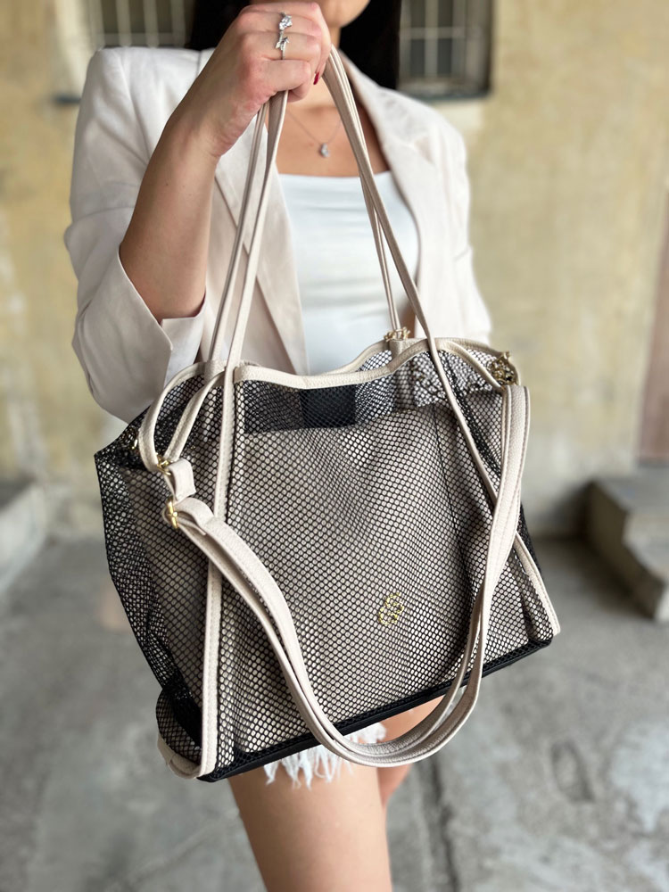Béžová shopper kabelka na rameno 2v1 GROSSO sieťovaná