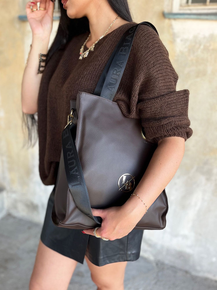 Laura Biaggi čierna shopper kabelka s deleným vnútrom hnedá