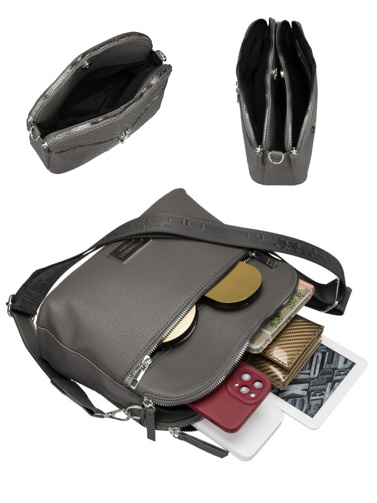 Sivá crossbody kabelka – elegantná. priestranná a dokonale organizovaná