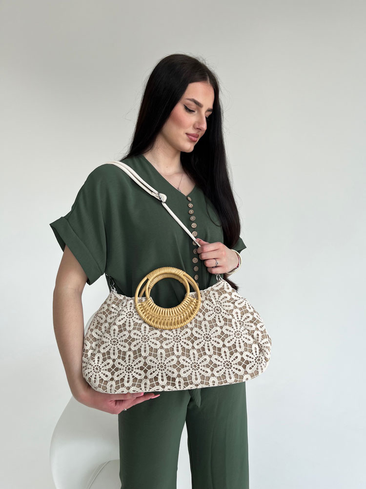 Čipkovaná kabelka do ruky a košík na leto béžový