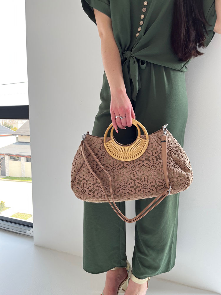 Čipkovaná kabelka do ruky a košík na leto khaki