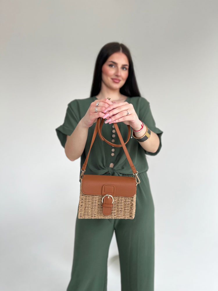 Slamená crossbody kabelka - prírodná hnedá