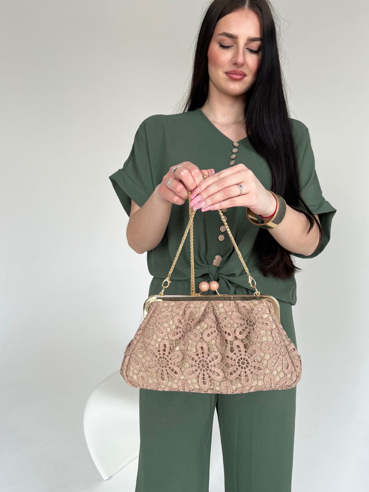 Čipkovaná dámska kabelka do ruky a crossbody na leto khaki