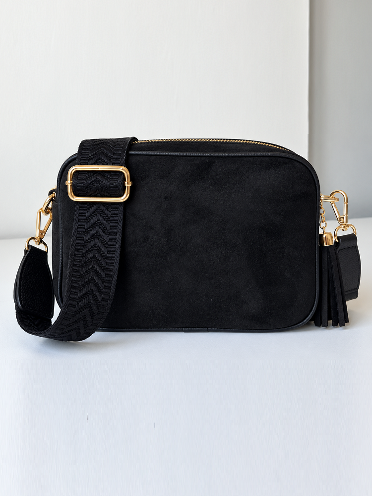 Čierna semišová crossbody kabelka s dvoma priehradkami