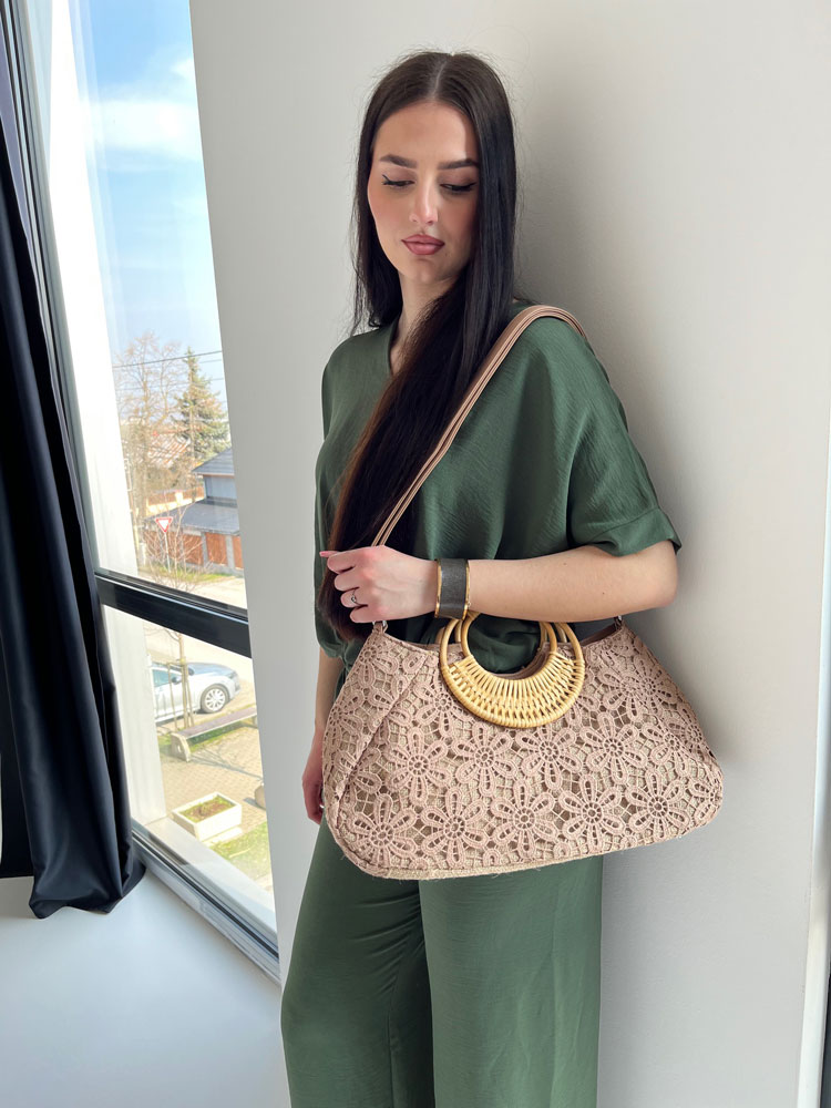 Čipkovaná kabelka do ruky a košík na leto khaki