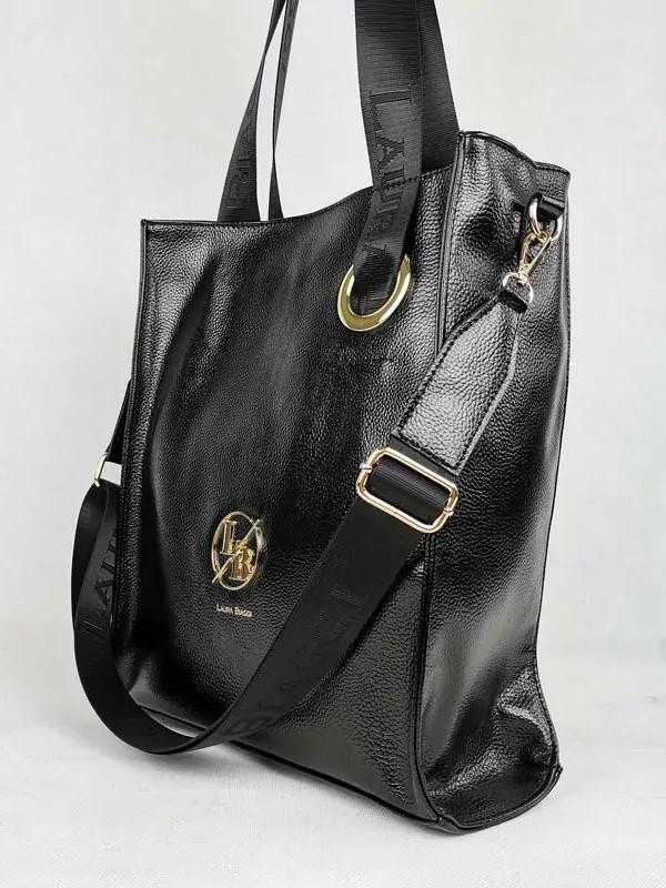Laura Biaggi čierna shopper kabelka s deleným vnútrom lesklá